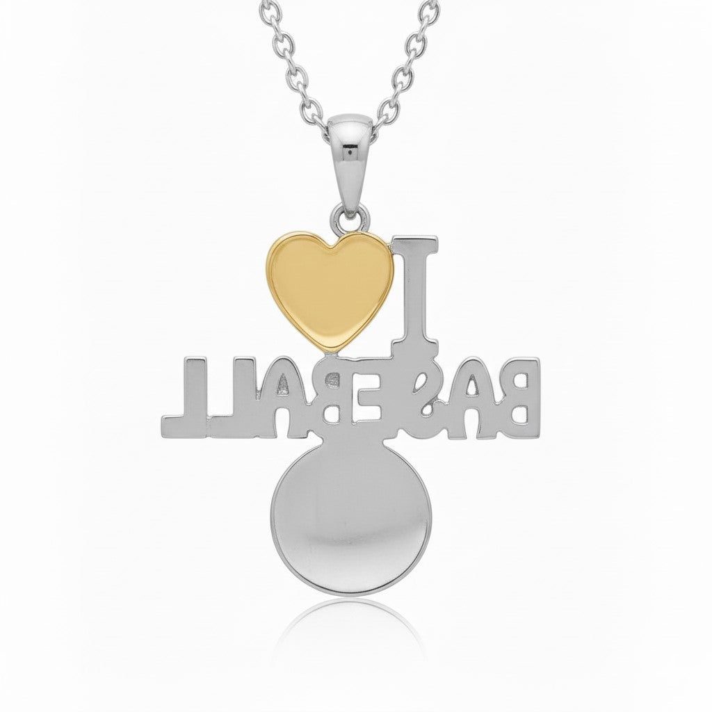 I Love Baseball Pendant with Yellow Gold Plated Heart