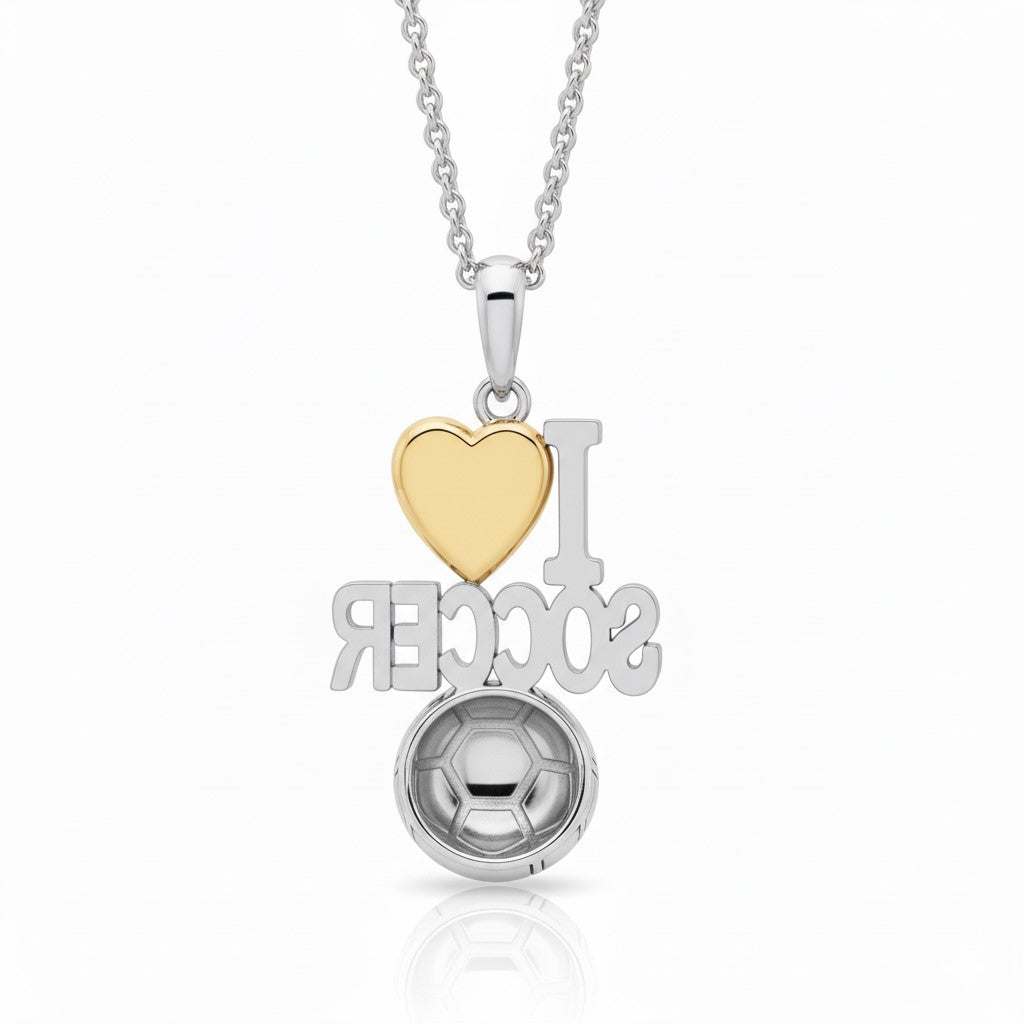 I Love Soccer Pendant with Yellow Gold Plated Heart