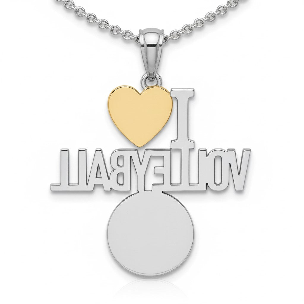 I Love Volleyball Pendant with Yellow Gold Plated Heart