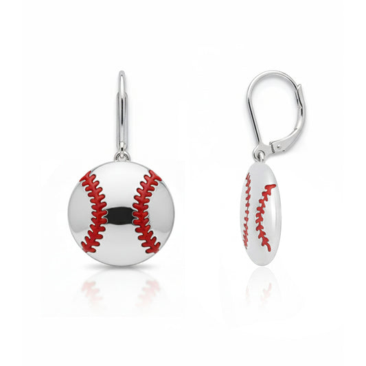 Baseball - Baseball Leaver Back Earrings With Texture & Enamel Detailing