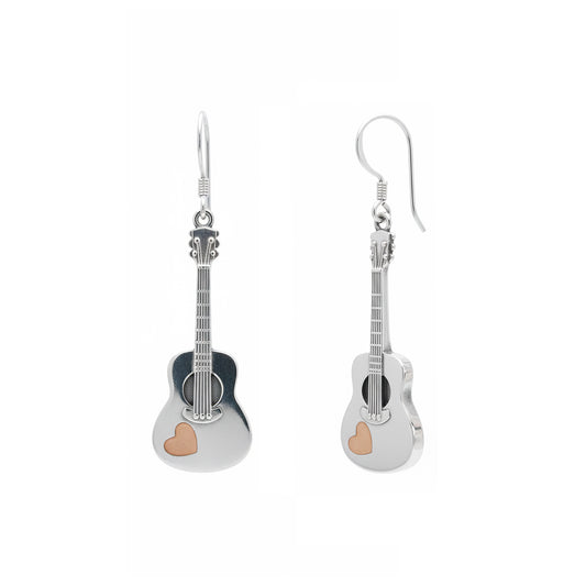 Acoustic Guitar with Heart Dangle Earrings: Music Lover & Romantic Spirit