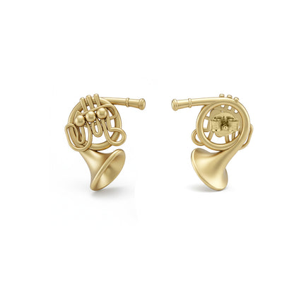 French Horn Gold Plated Stud Earrings: Music Lover & Brass Player