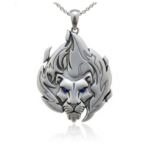 Flaming Lion Head Pendant With Enamel Oxidized