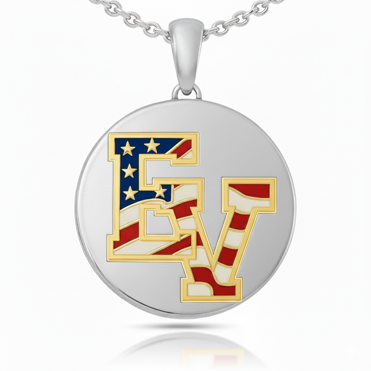 East View High School “EV” Circle Logo Pendant with Blue, Red & White Enamel