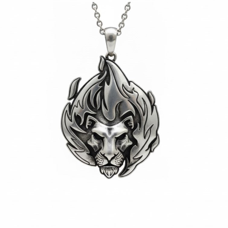 Flaming Lion Head Pendant With Oxidized