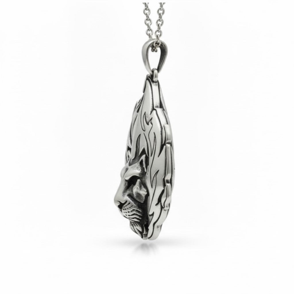 Flaming Lion Head Pendant With Oxidized
