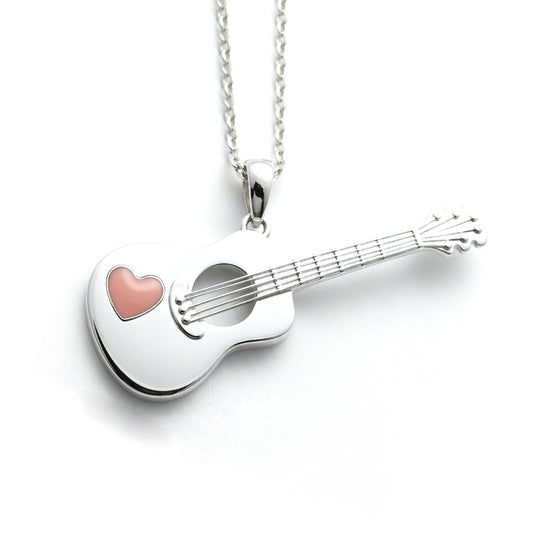 Heartfelt Melody Guitar Pendant With Enamel Pink Heart