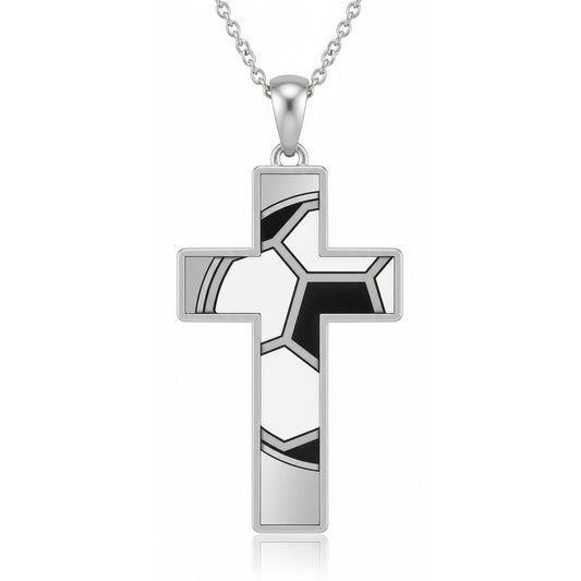 Soccer Ball Cross Pendant With Black & White Enamel