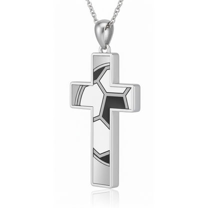 Soccer Ball Cross Pendant With Black & White Enamel