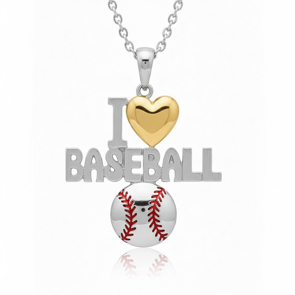 I Love Baseball Pendant with Yellow Gold Plated Heart