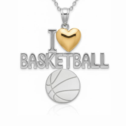 I Love Basketball Pendant with Yellow Gold Plated Heart