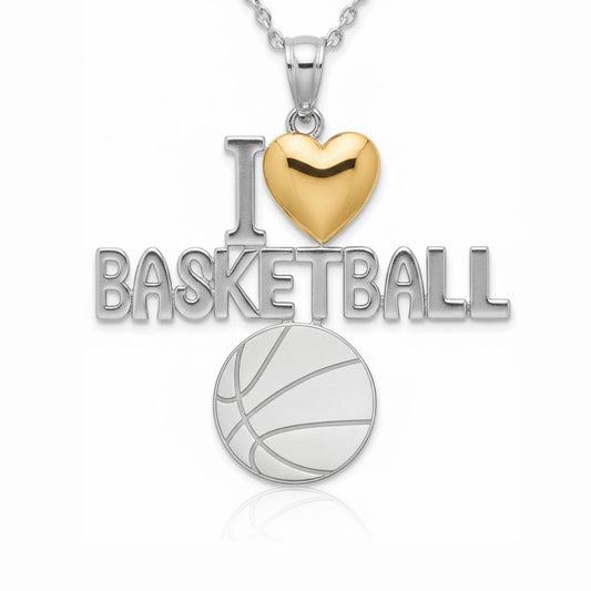 I Love Basketball Pendant with Yellow Gold Plated Heart