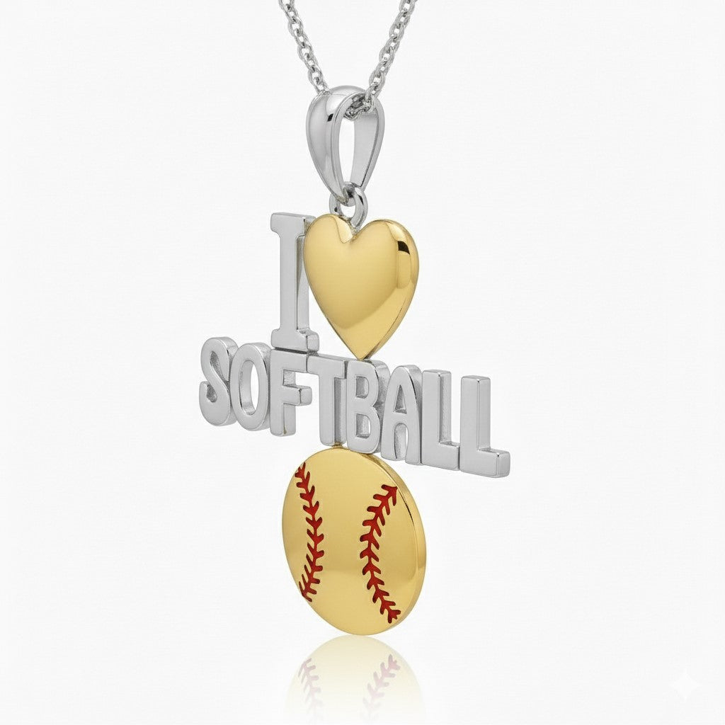 I Love Softball Pendant with Yellow Gold Plated Heart & Ball