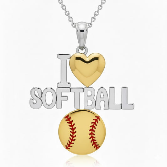 I Love Softball Pendant with Yellow Gold Plated Heart & Ball